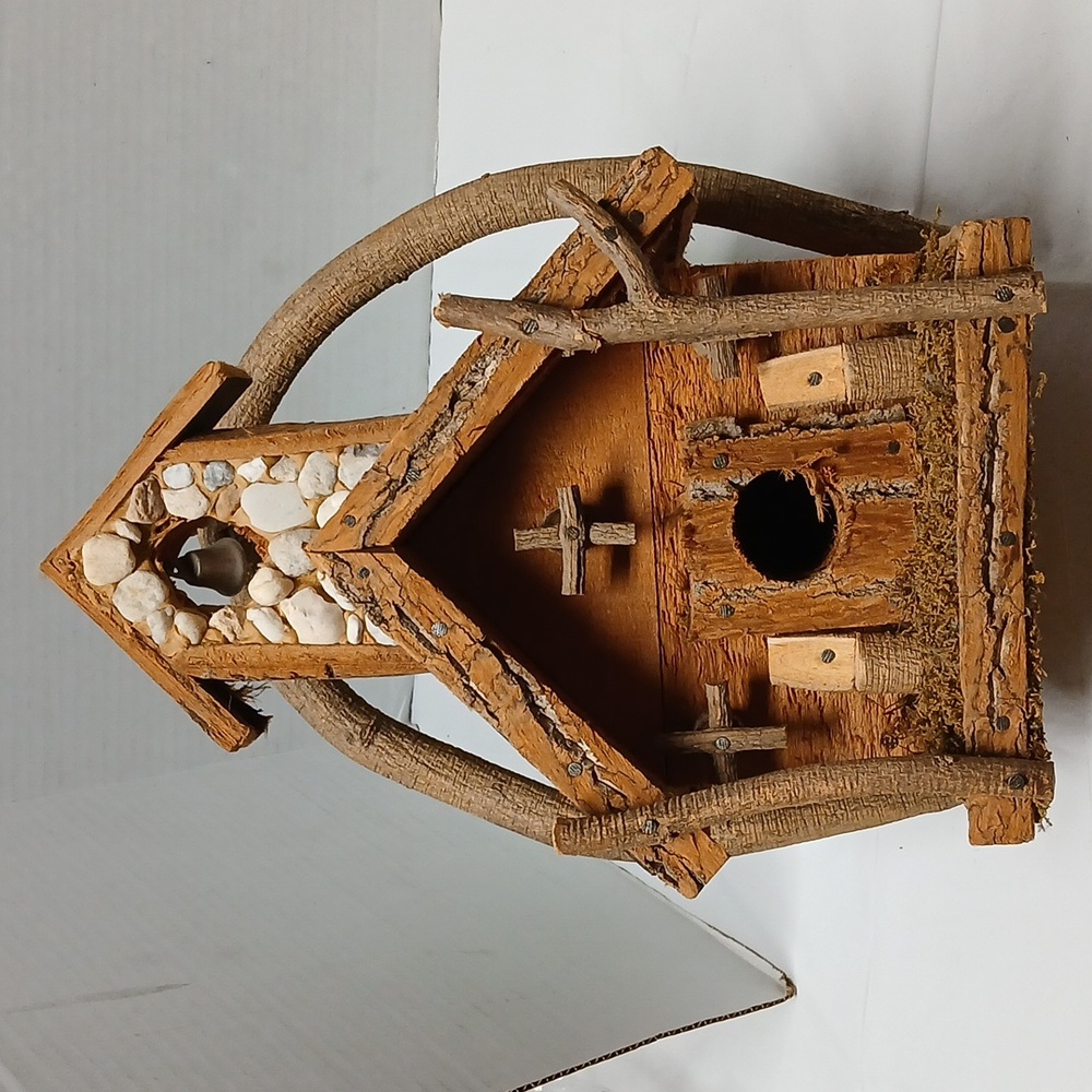 Handmade Folk Art Church Birdhouse Wood & Stone w/ Branch Handle & Steeple Bell